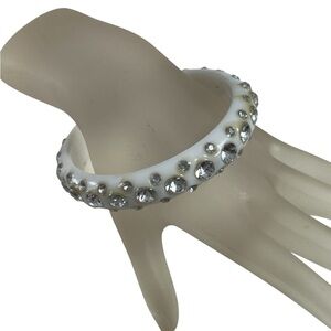 Lucite Acrylic Clear Crystal Rhinestones White 3” Bangle Bracelet Vintage